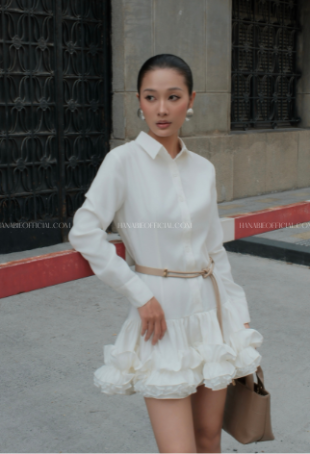 Vanila Ruffle Shirt Dress – Premium White Mini Dress | Đầm sơ mi trắng cao cấp bèo tầng thanh lịch, nữ tính by HANABIE