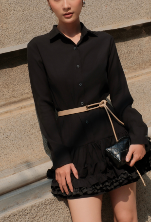 Vanila Ruffle Shirt Dress Black – Premium Black Mini Dress | Đầm sơ mi đen cao cấp bèo tầng thanh lịch, nữ tính by HANABIE