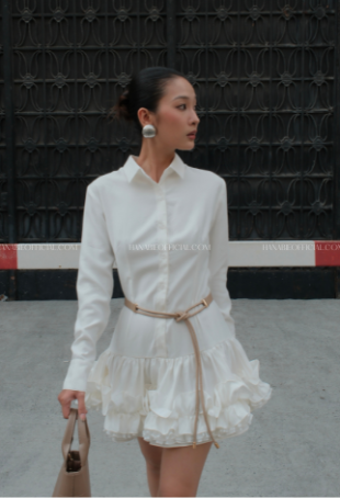 Vanila Ruffle Shirt Dress – Premium White Mini Dress | Đầm sơ mi trắng cao cấp bèo tầng thanh lịch, nữ tính by HANABIE
